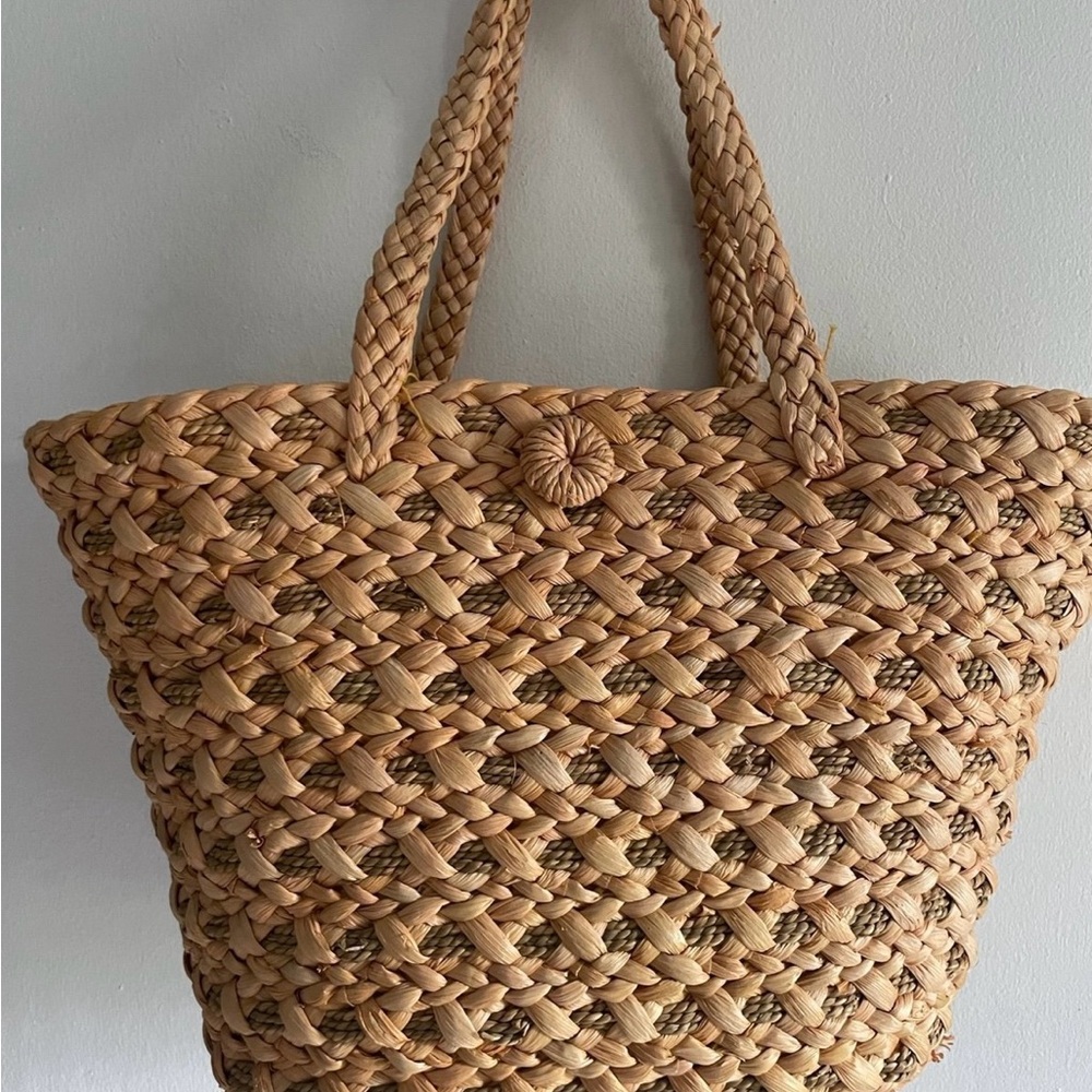 Lancome Tan Woven Tote beach Bag with Braided Handles
